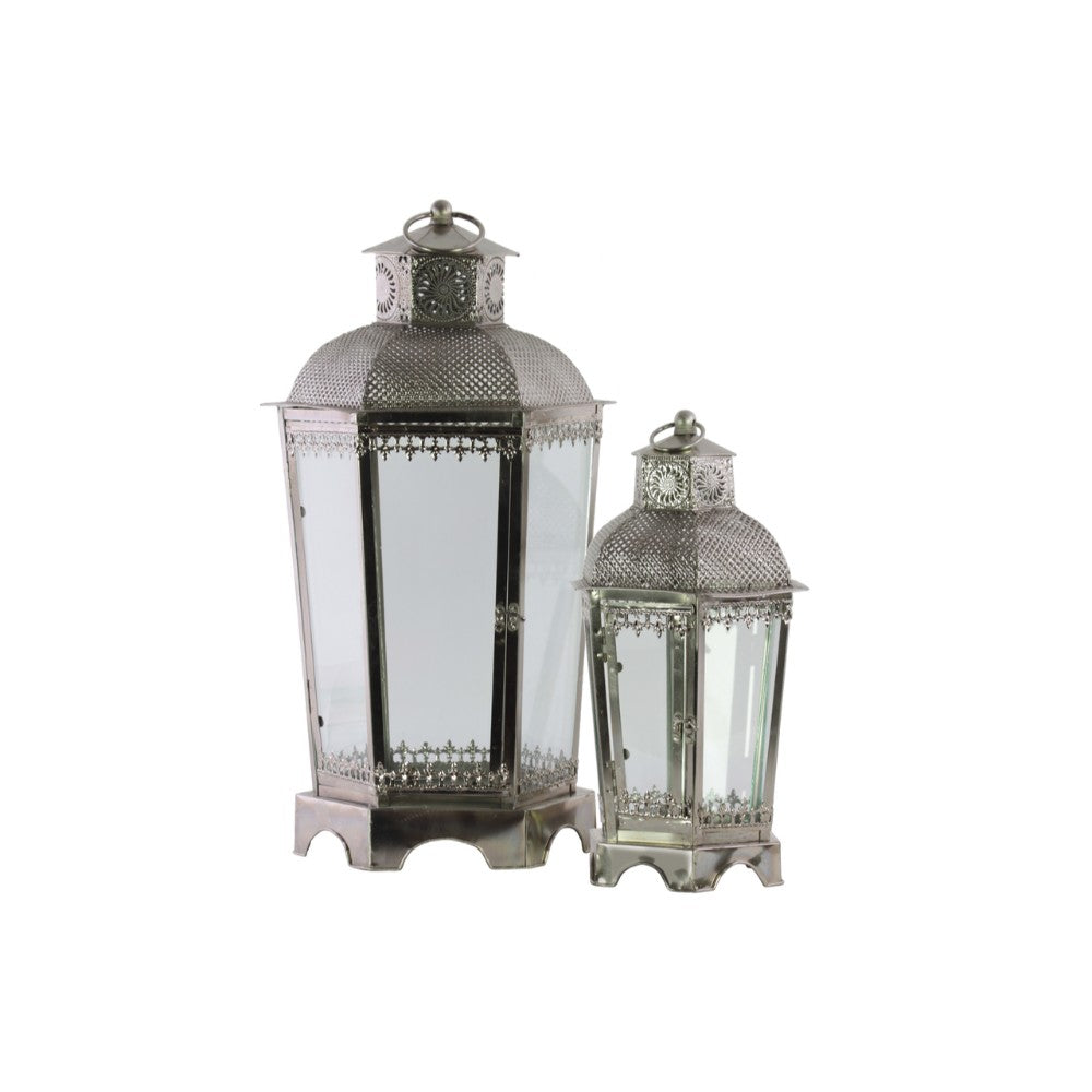 Metal Hexagonal Lantern with Pierced Metal Top & Ring Handle,Set of 2, Antique Silver