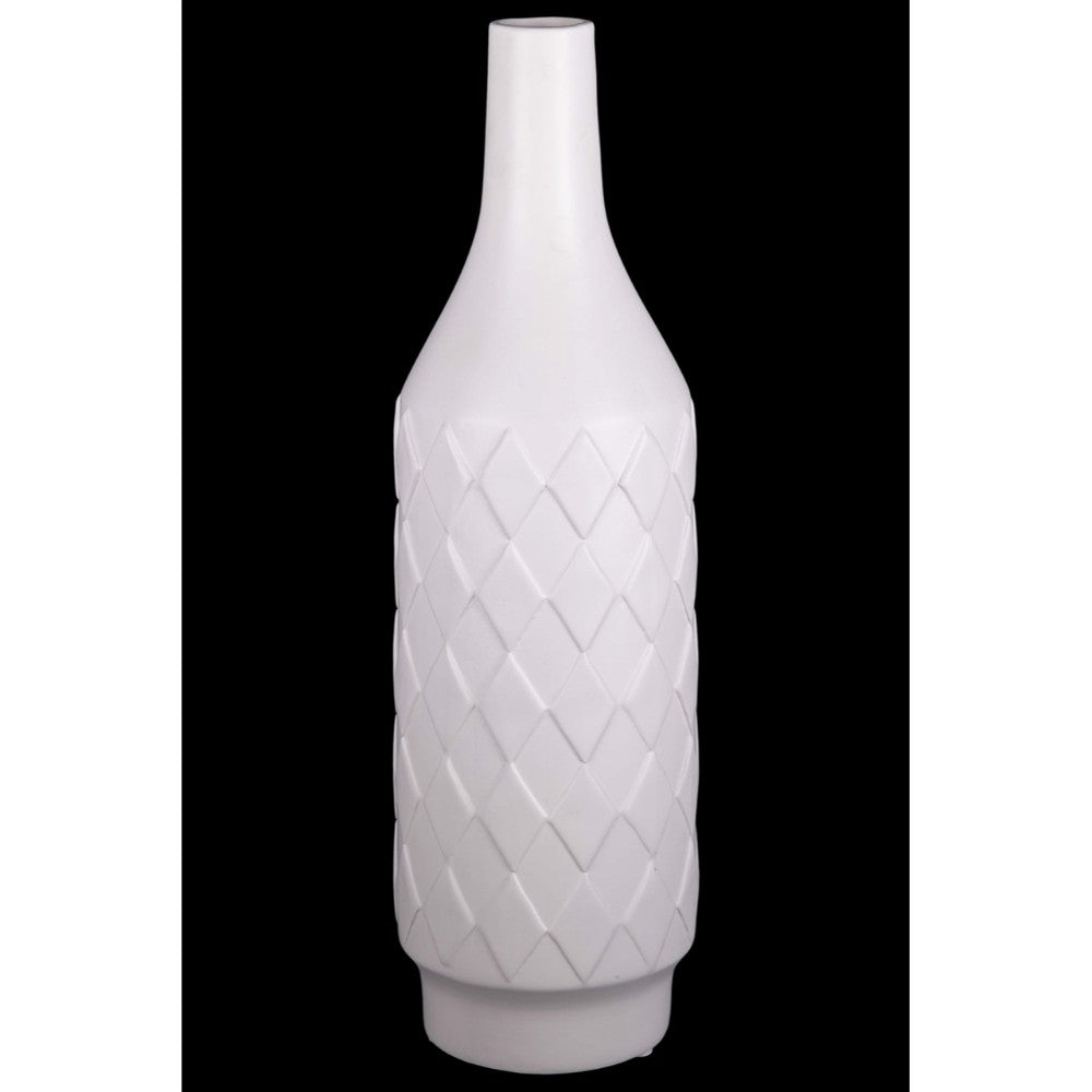 Ceramic Bottle Vase With Embossed diamond Pattern, Large, White