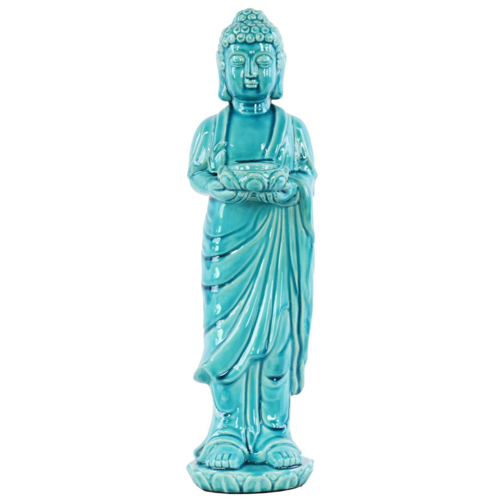 Ceramic Standing Buddha Figurine Holding Tea light Candle Holder, Blue