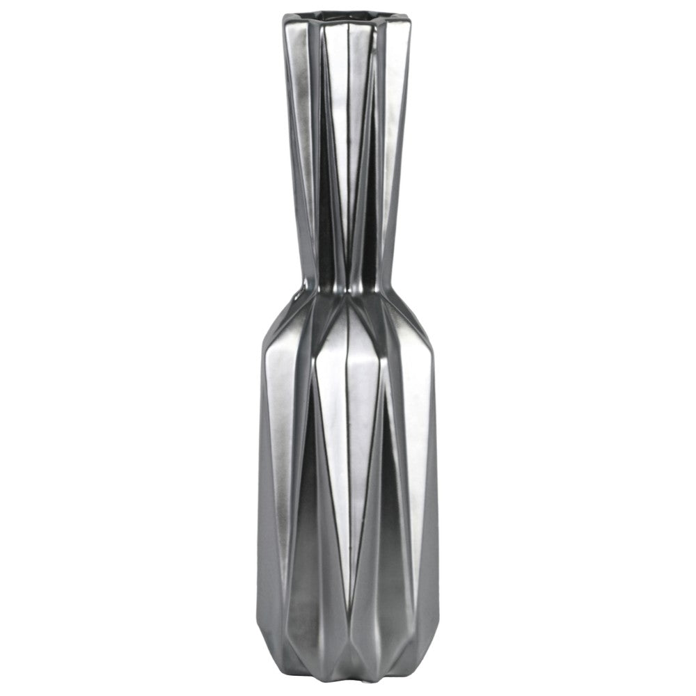 Ceramic Patterned Bottle Vase With 3D Appeal, Large, Silver