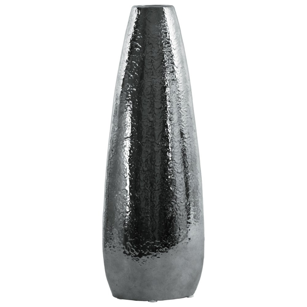 Oval Shape Ceramic Vase With Hammered Pattern, Large, Silver