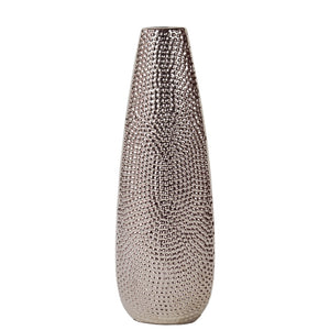 Oval Shape Ceramic Vase With Pimpled Pattern, Large, Silver