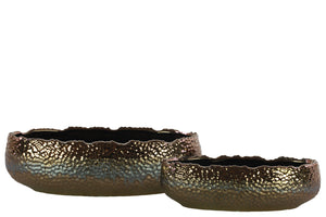 Embedded Fish Scale Irregular Lip Pot With Gloss Banded Rim Top, Set of 2, Gold