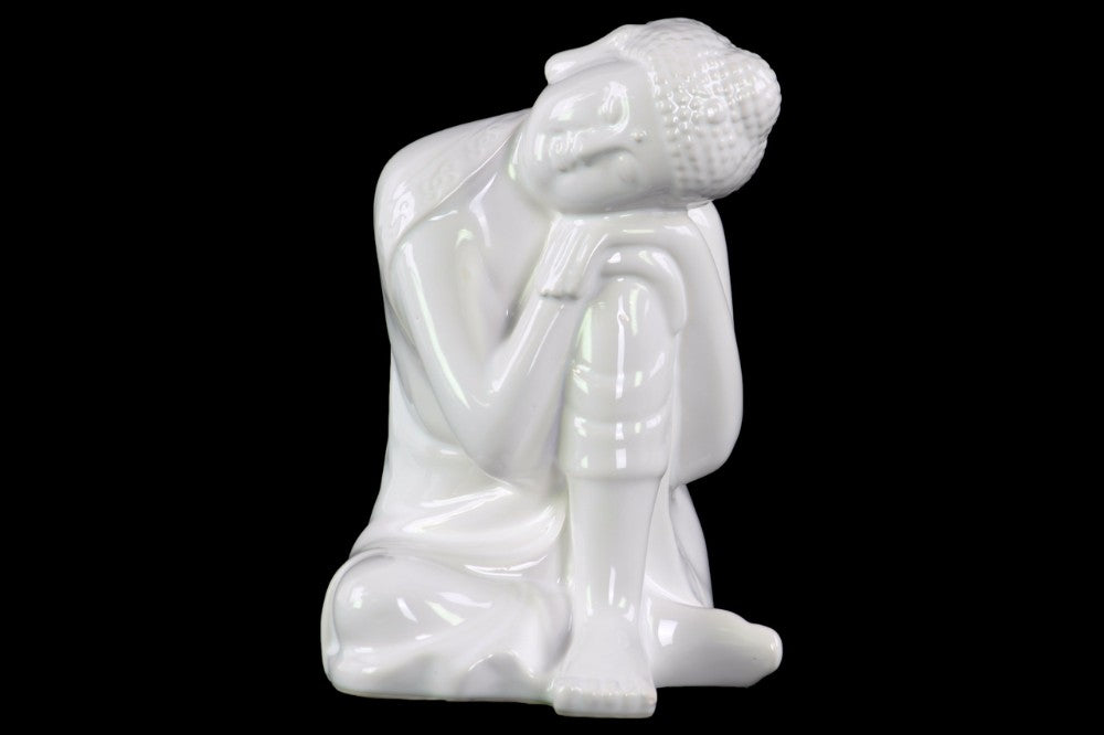 Ceramic Sitting Buddha Figurine With Rounded Ushnisha, Glossy White