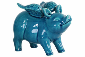 Winged Pig Standing Ceramic Figurine In Turquoise Blue