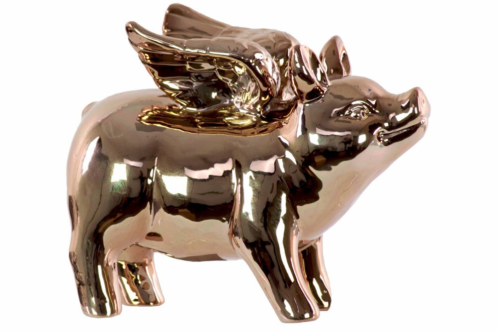 Winged Pig Standing Figurine In Ceramic, Chrome Gold