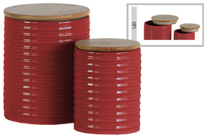 Ribbed Patterned Cylindrical Ceramic  Canister With Wooden Lid, Set of 2, Red