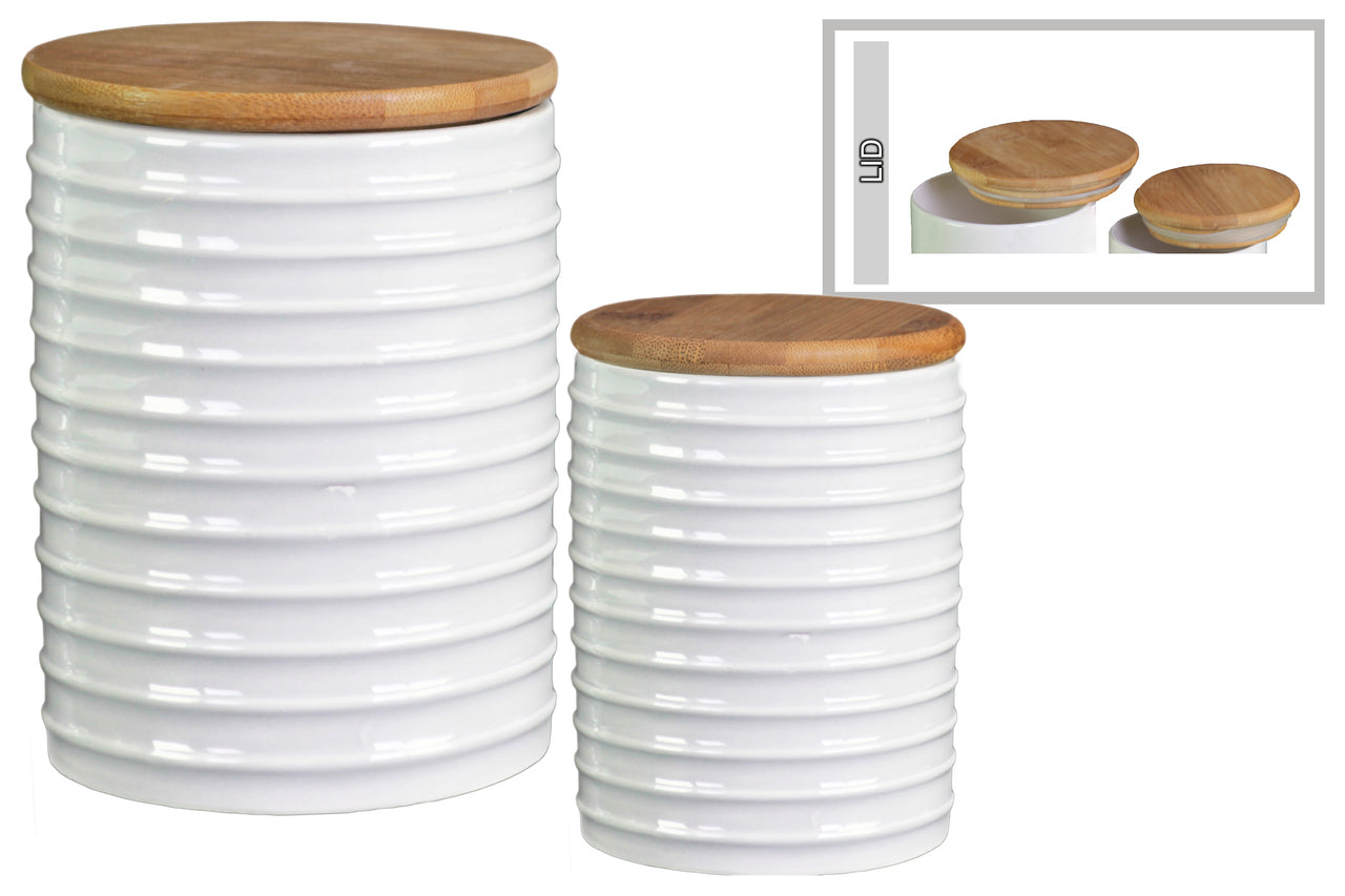 Ribbed Patterned Cylindrical Ceramic  Canister With Wooden Lid, Set of 2, White