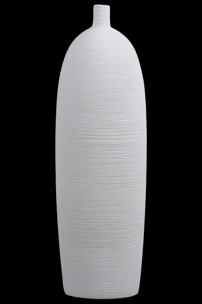 Ceramic Tall Cylindrical Short Neck Vase With Tapered Bottom In Combed Finish, White