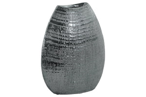 Ceramic Biconvex Crescent Ribbed Design Vase, Distressed Silver Finish