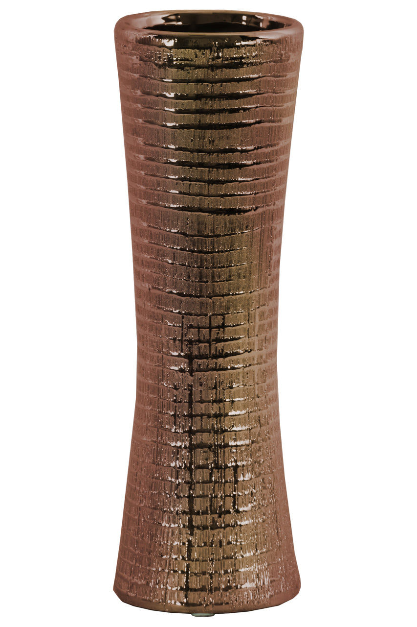 Ceramic Trumpet Mouth And Flared Bottom Ribbed Vase, Distressed Copper Finish