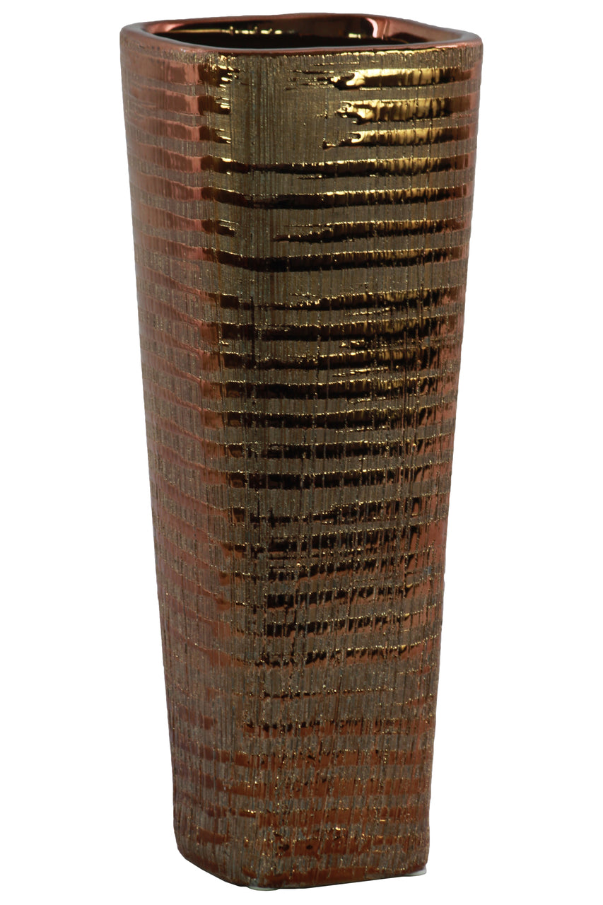 Ceramic Tall Tapered Bottom Ribbed Design Vase, Distressed Copper Finish