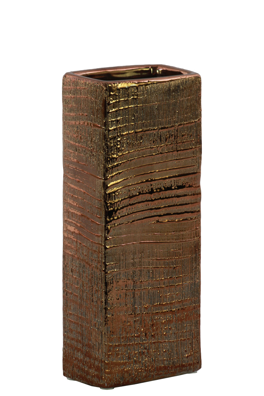 Ceramic Tall Rectangular Ribbed Design Vase, Small, Distressed Copper Finish