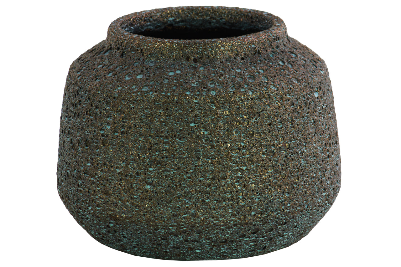 Ceramic Cylinder Tapered Bottom Vase In Volcanic Glaze Finish, Large, Turquoise