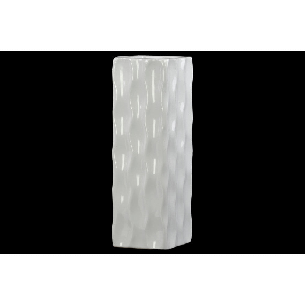 Square Shaped Ceramic Vase With Wavy Pattern, Large, Glossy White