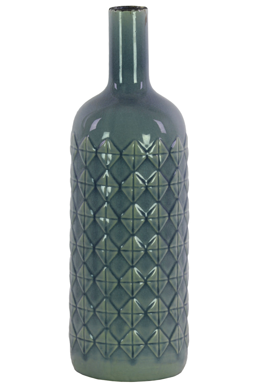 Ceramic Bottle Vase With Embossed Diamond Pattern, Large, Light Blue