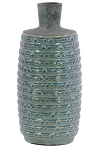 Ceramic Bottle Vase With Engraved Bubble Pattern, Large, Turquoise Blue