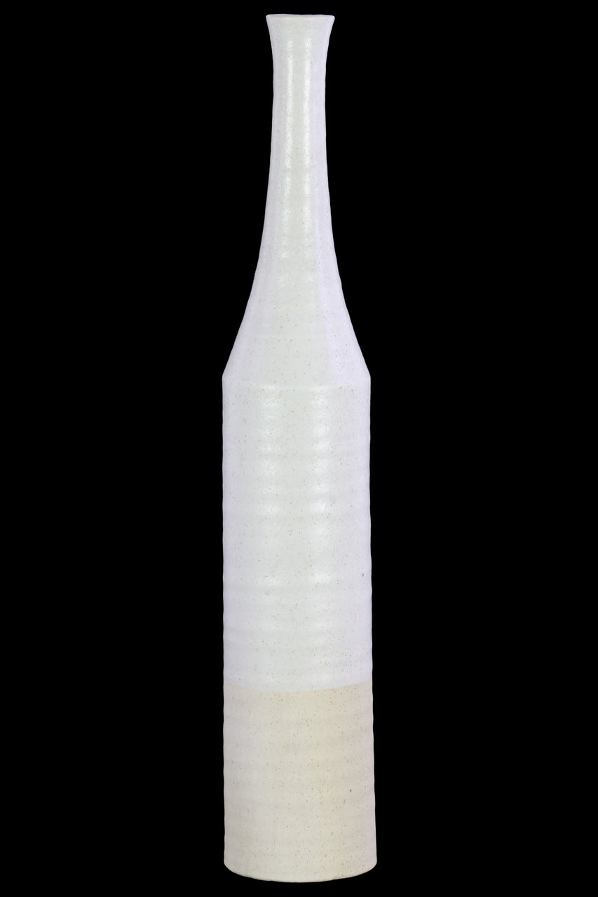 Long Neck Bottle Vase With Cream Banded Rim Bottom In Ceramic, White