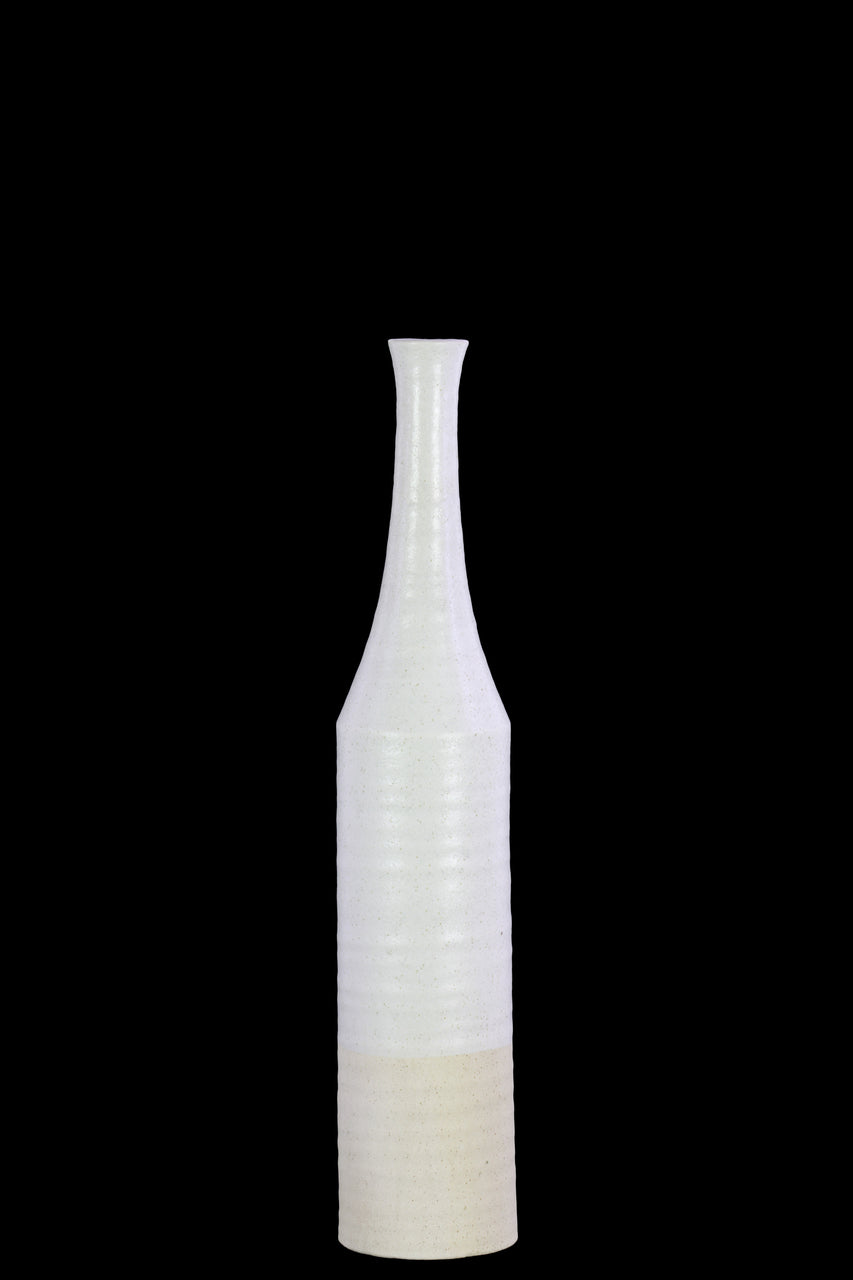 Long Neck Bottle Vase With Cream Banded Rim Bottom In Ceramic, Silver