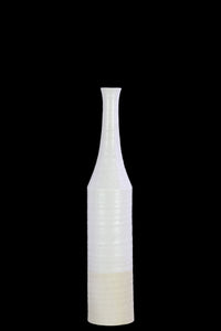 Long Neck Bottle Vase With Cream Banded Rim Bottom In Ceramic, Silver