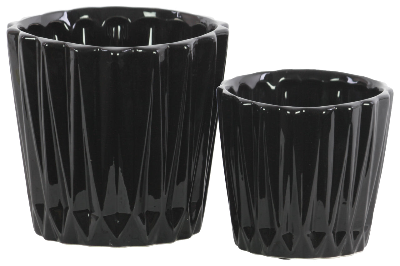 Round Ceramic Vase With Ribbed Pattern, Set of 2, Black