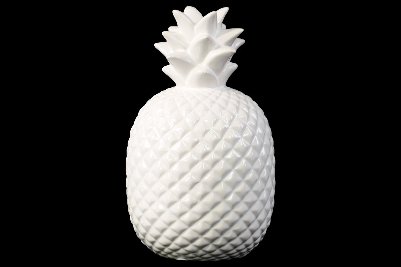 Round Ceramic Pineapple Figurine With Textured Pattern, White