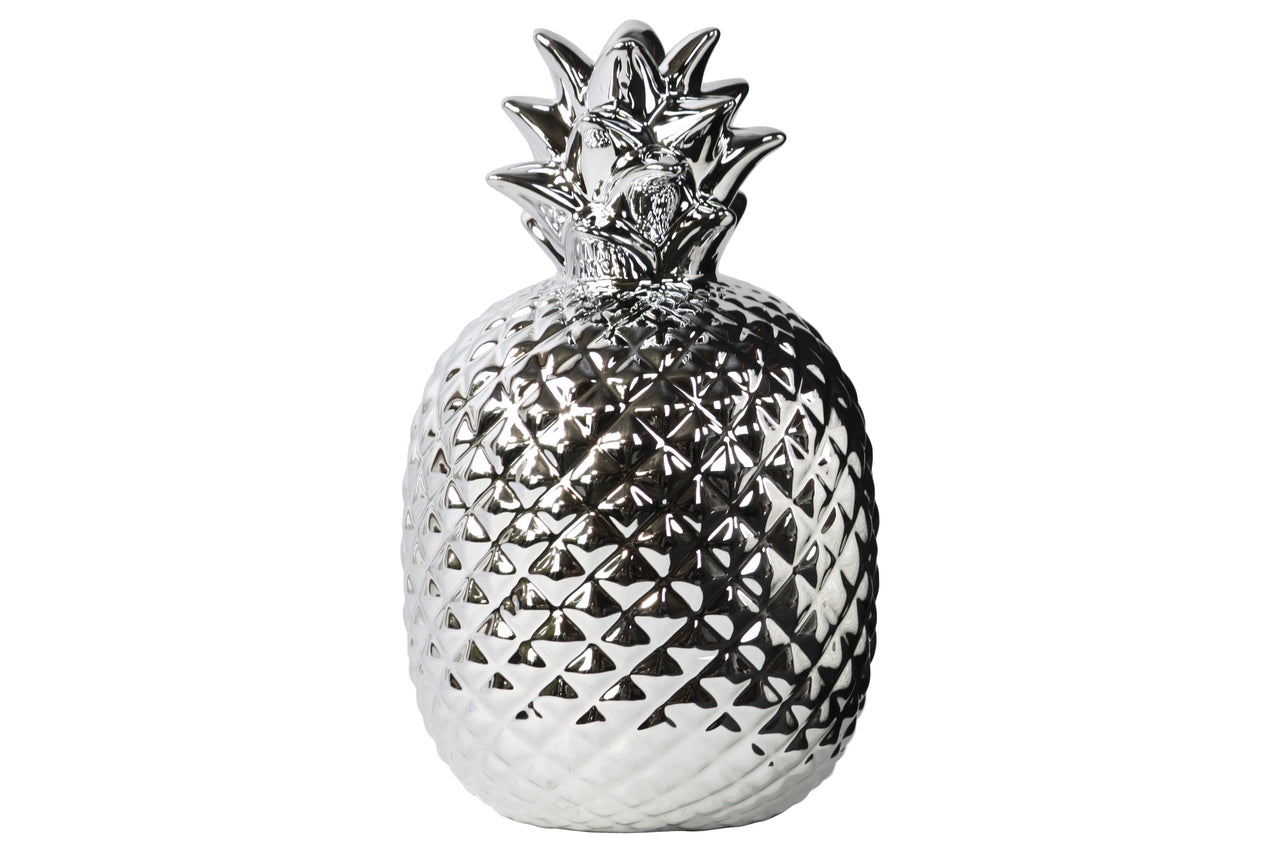 Round Ceramic Pineapple Figurine With Textured Pattern, Silver