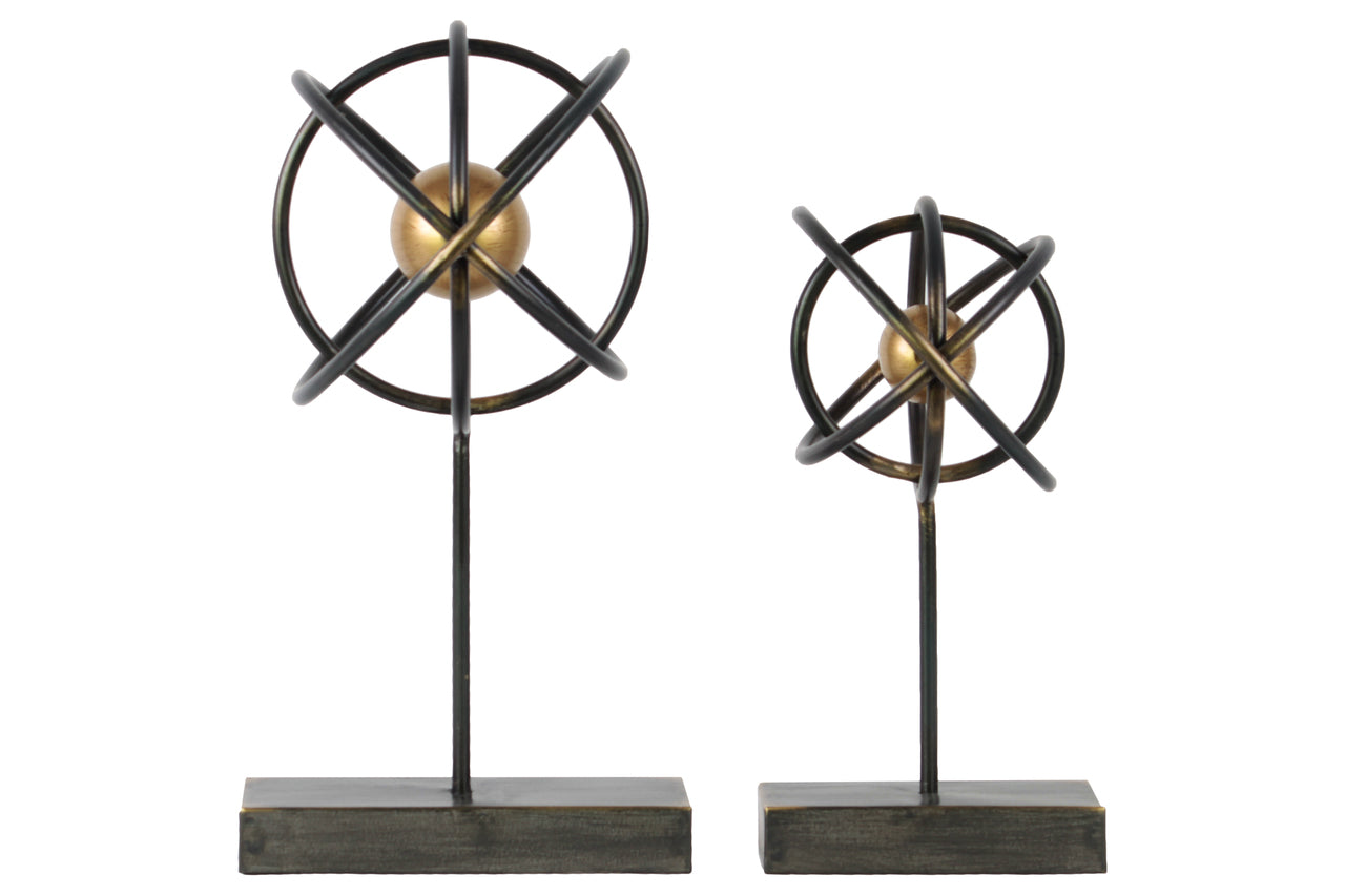 Metal Atom Table Top Sculpture On Rectangular Stand, Set of 2, Black