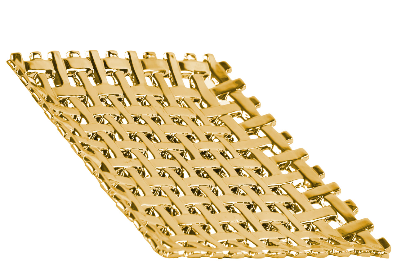 Square Ceramic Concave Tray With Woven Pattern, Chrome Gold