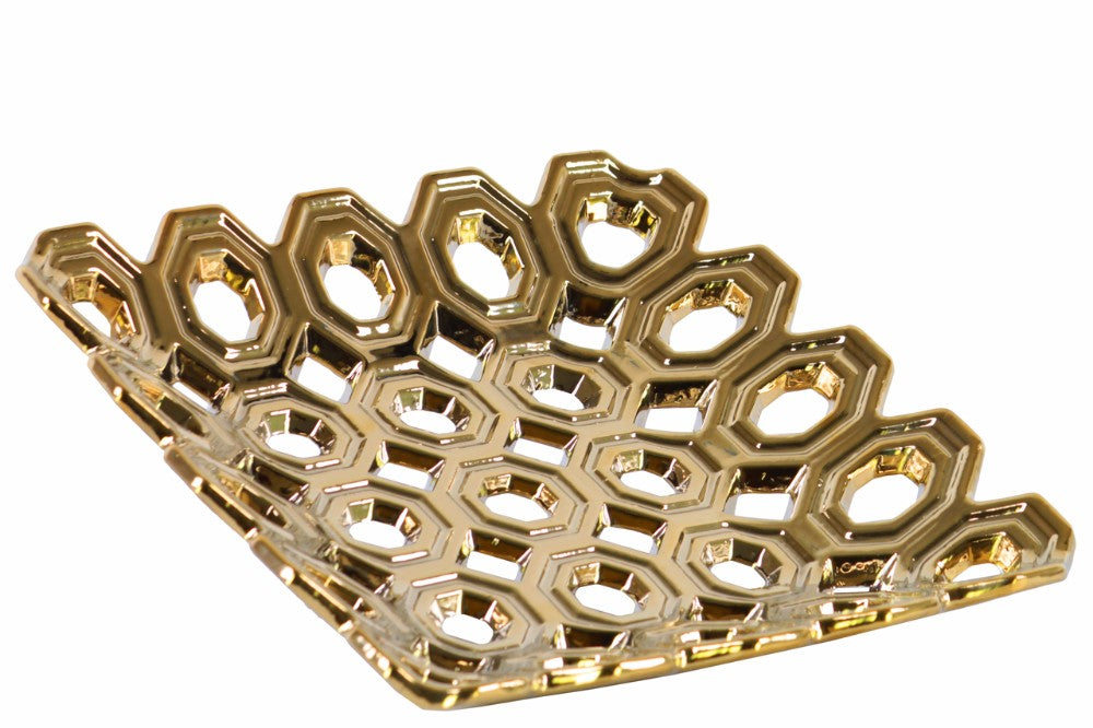 Perforated Circle Patterned Square Concave Tray In Ceramic, Chrome Gold