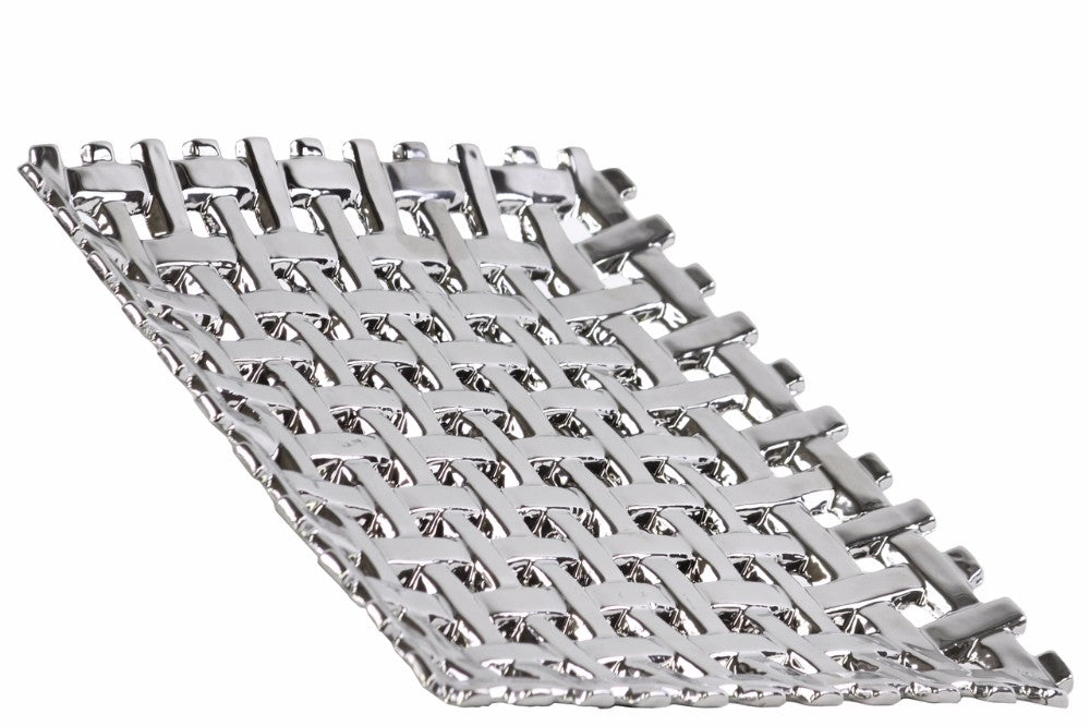 Square Ceramic Concave Tray With Woven Pattern, Chrome Silver