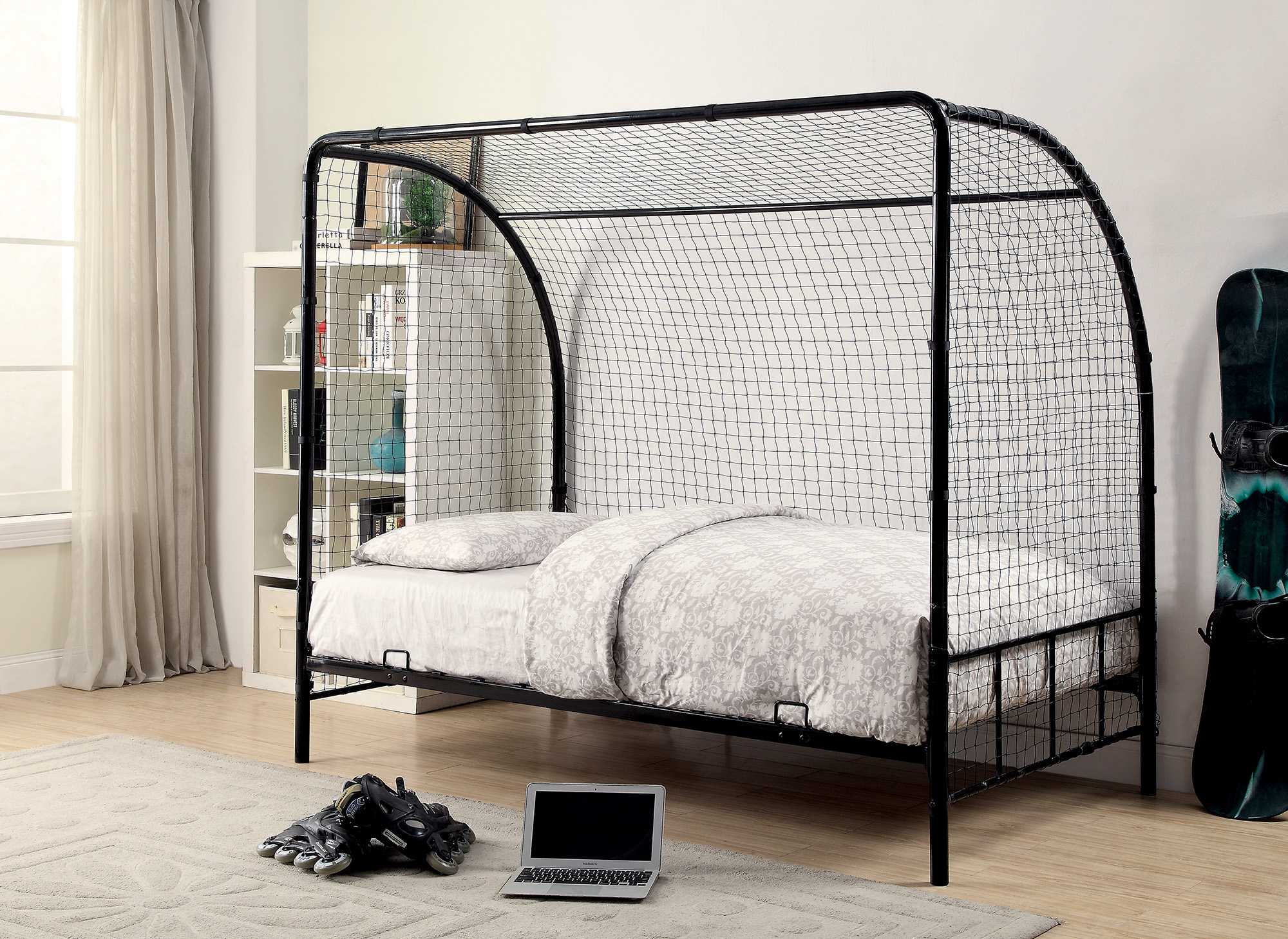 Metal Twin Size Soccer Goal Bed with Real Nylon Net, Black