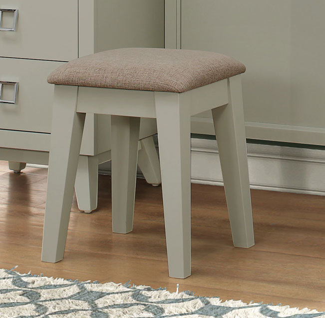 Wooden Vanity Stool With Fabric Upholstered Seat, Brown And Gray