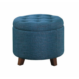 Button Tufted Wooden Round Storage Ottoman Upholstered In Fabric, Blue & Brown