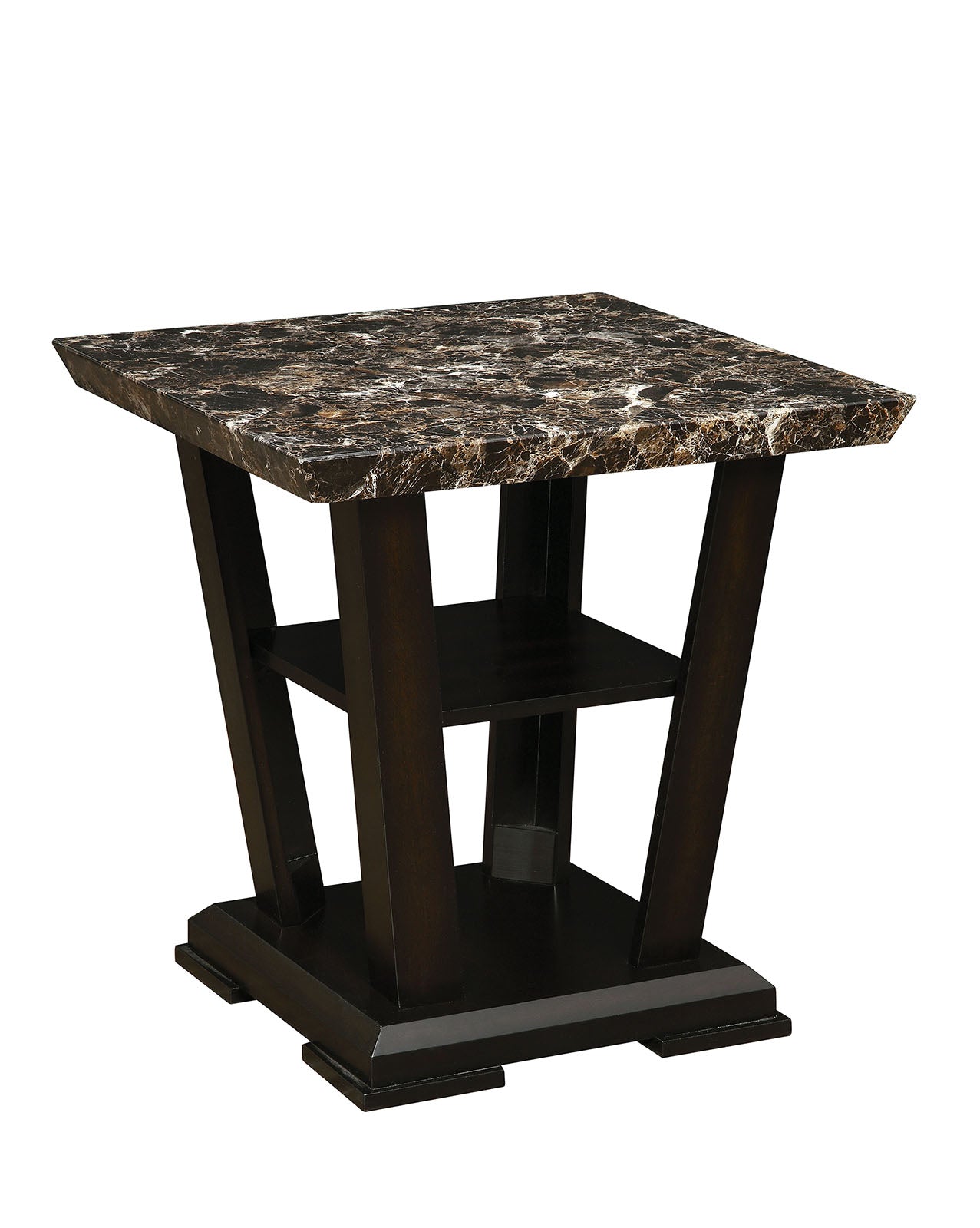 Wooden End Table with Faux Marble Top, Dark Cherry Brown