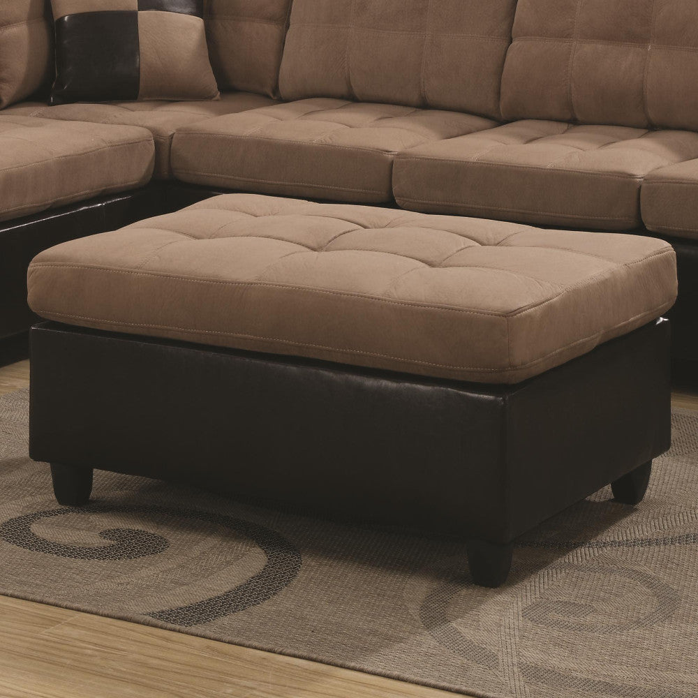 Transitional Microfiber/Faux Leather/Wood Ottoman With Tufting, Chocolate Brown