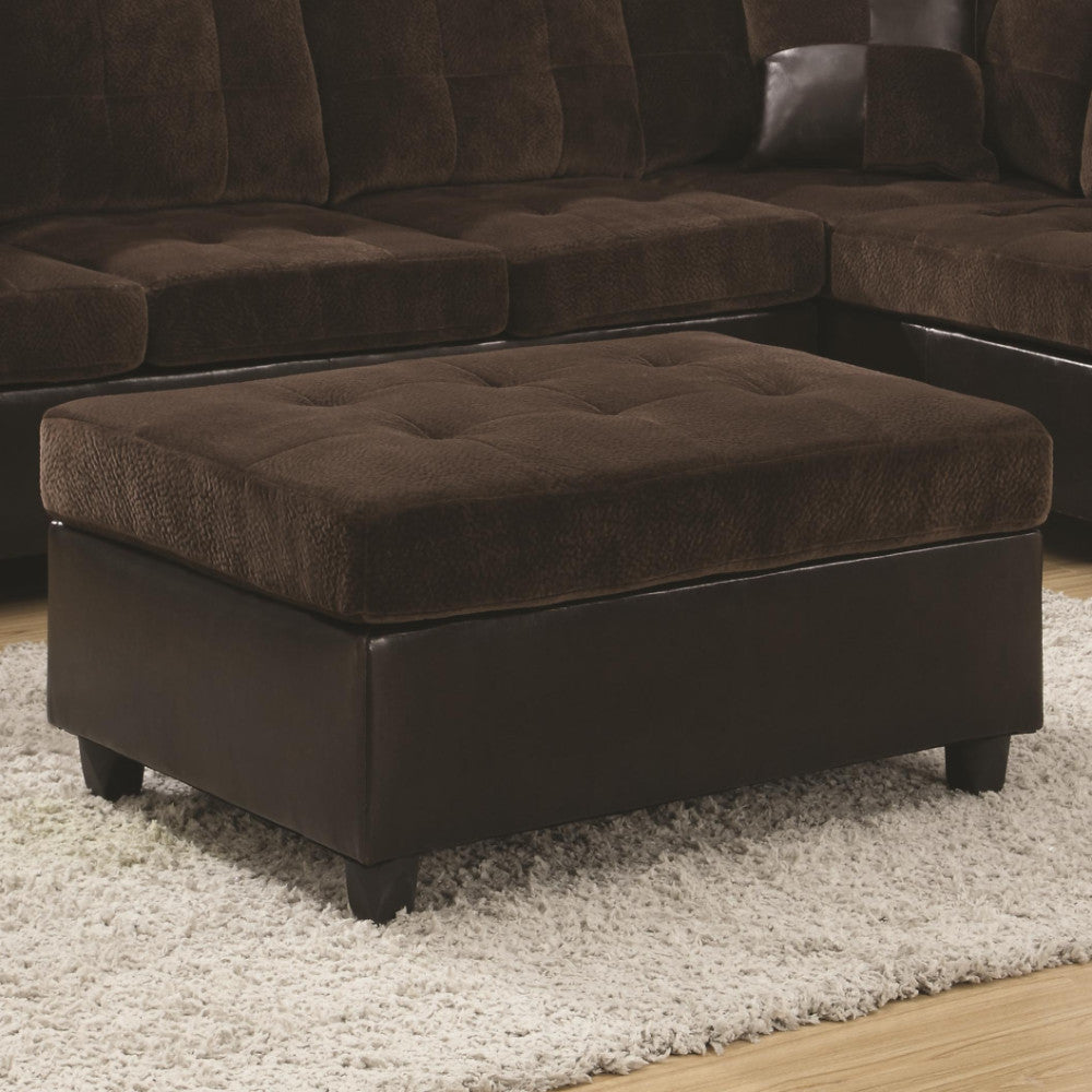 Transitional Velvet/Faux Leather/Wood Ottoman With Tufting, Chocolate Brown