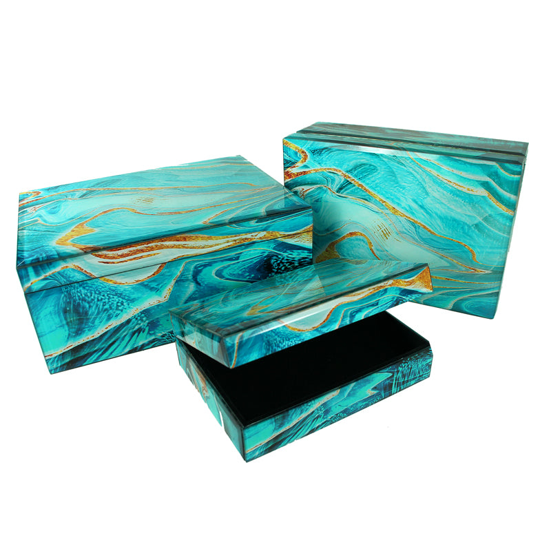 Three Piece Marbleized Decorative Rectangular Glass Box, Blue