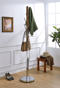 Wood & Metal Freestanding Coat Rack with Hooks, Walnut Brown & Silver