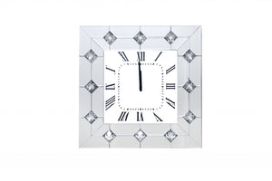 Mirrored Square Shape Wooden Analog Wall Clock With Crystal Accents, White