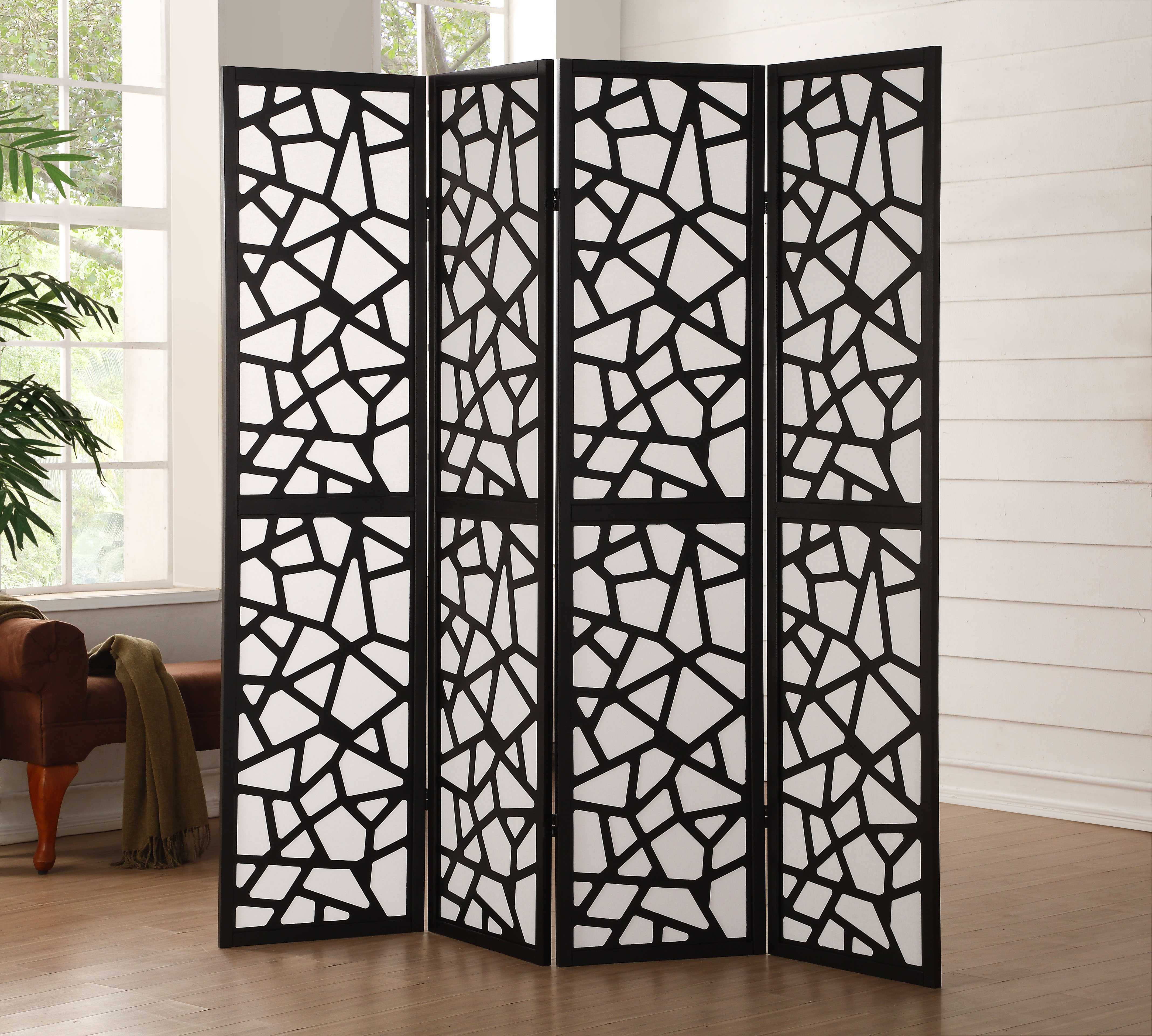Wood & Fabric 4Panel Screen Room Divider with CutOut Design, Black