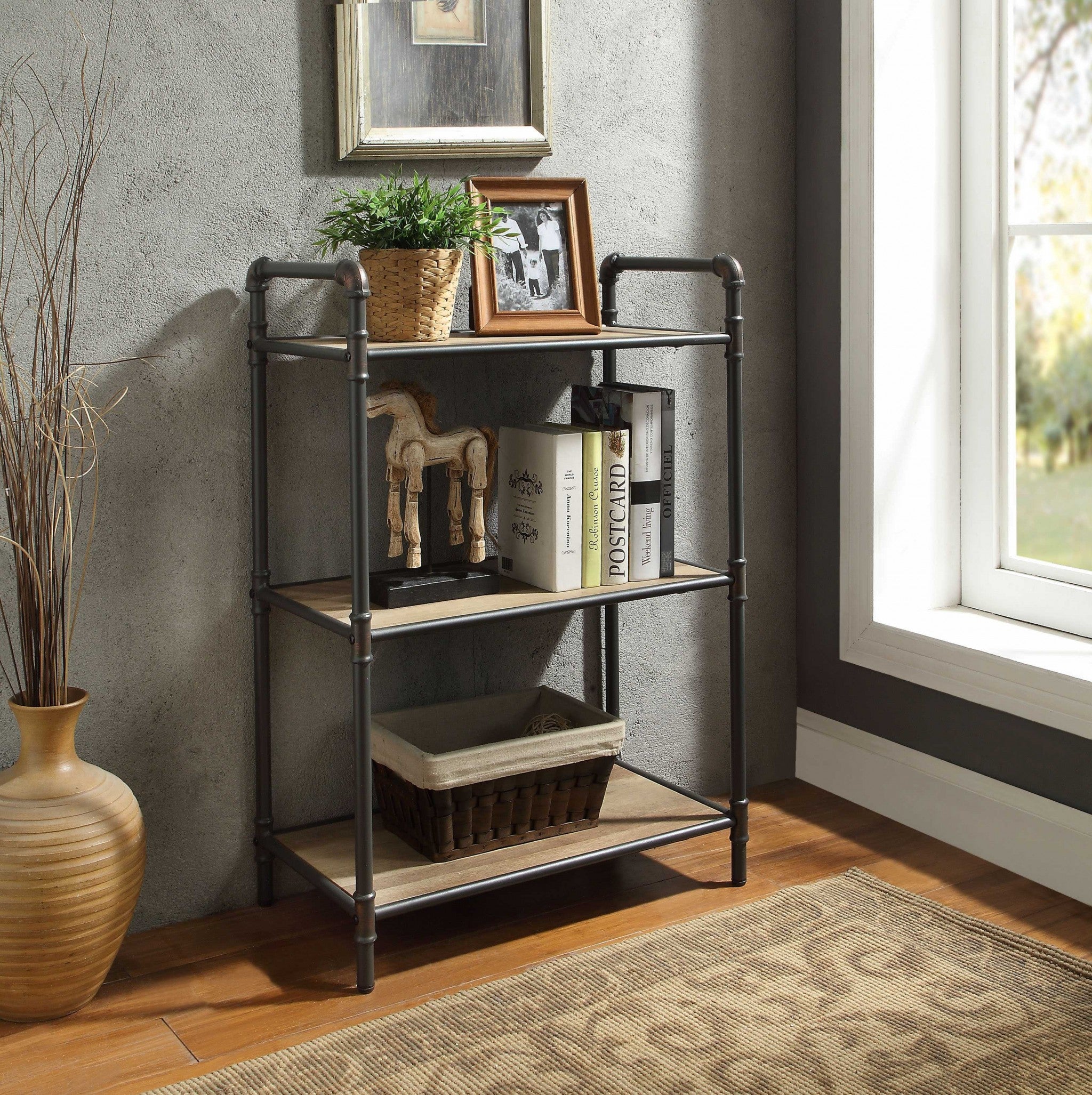 FourTier Metal Bookshelf With Wooden Shelves, Oak Brown & Gray