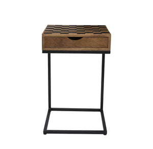 Wood And Metal Checkerboard CTable With Drawer, Brown And Black