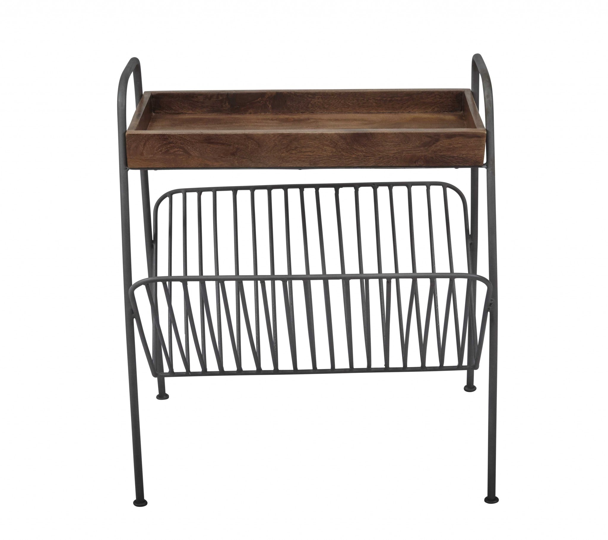Wood And Metal Chairside Table With Magazine Rack, Brown And Black