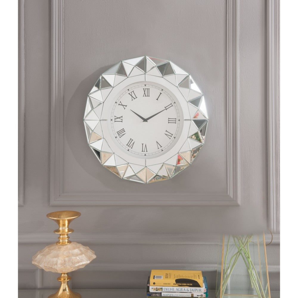 Wood & Mirror Round Analog Wall Clock, White