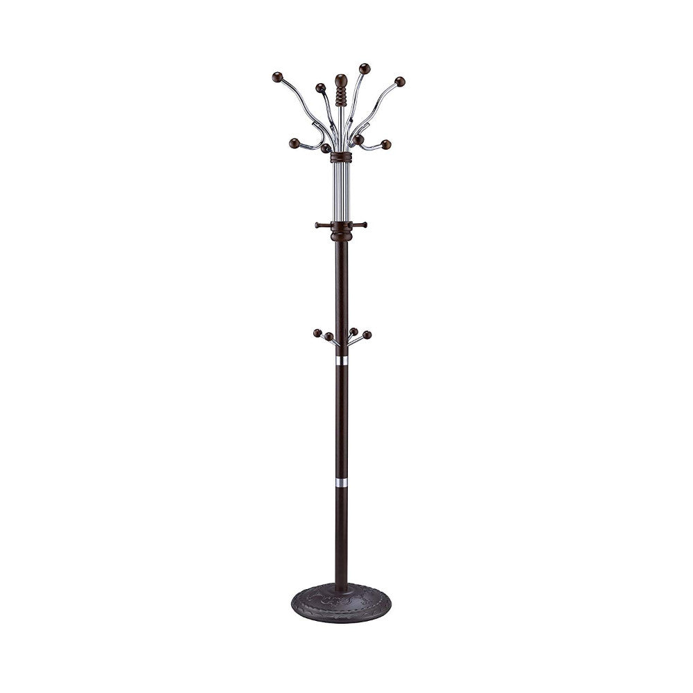 Wood & Metal Coat Rack With Four Hooks And Eight Pegs, Espresso Brown & Silver