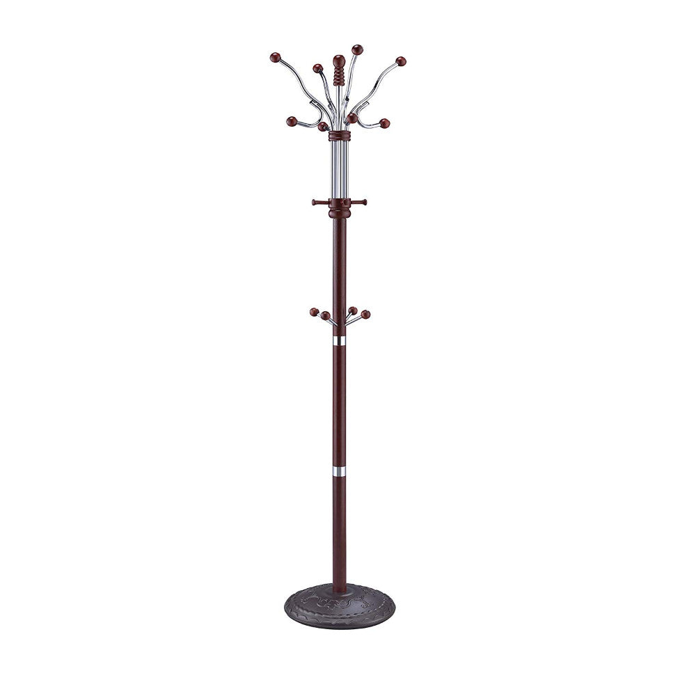 Wood & Metal Standing Coat Rack With Four Hooks And Eight Pegs, Brown & Silver