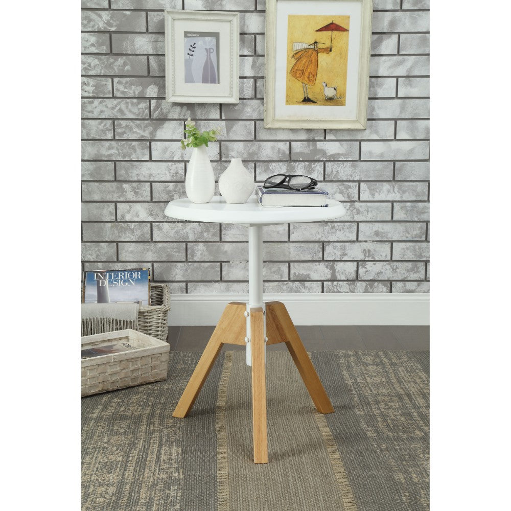 Transitional Style Round Wooden End Table with Tripod Legs, Brown and White