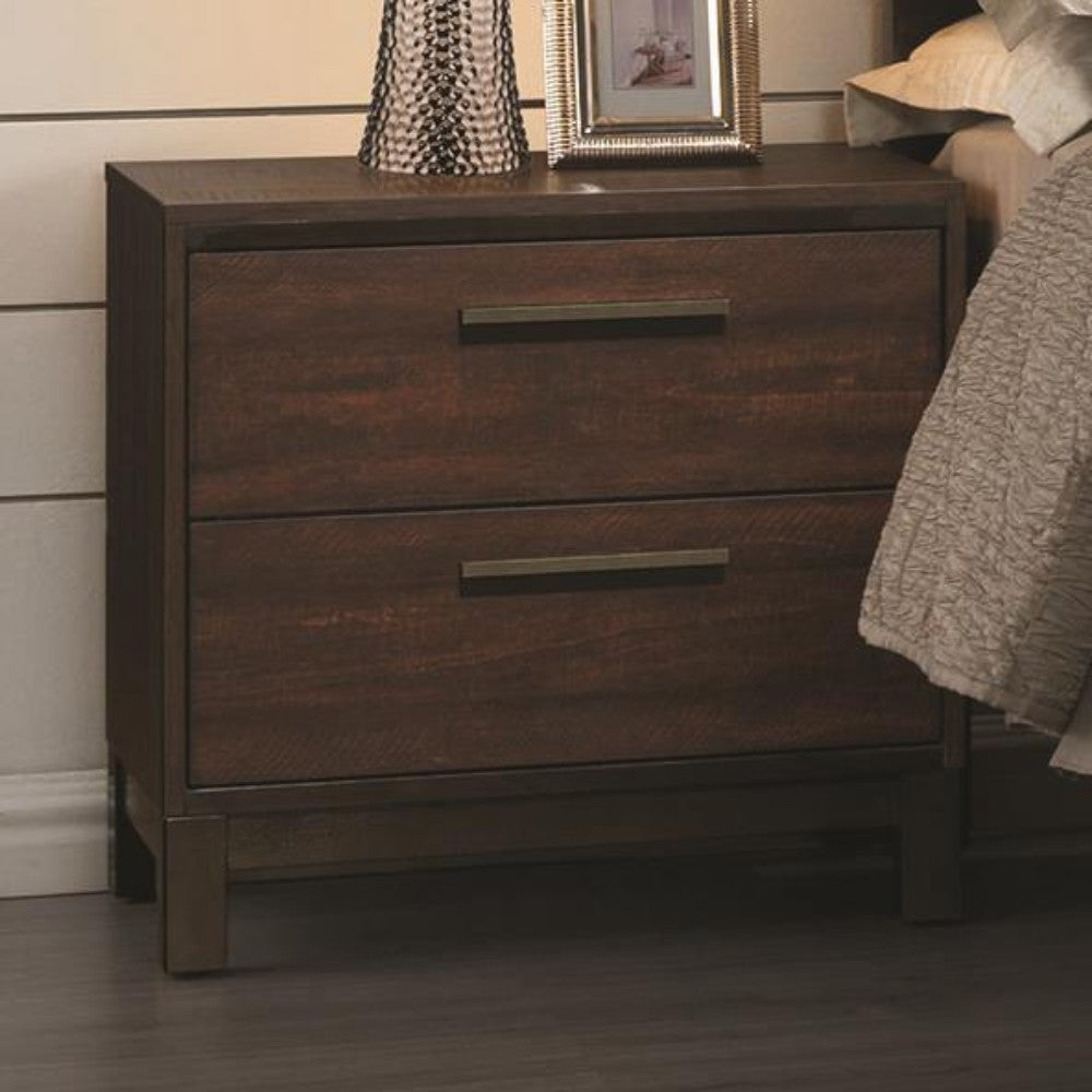 Wooden Nightstand with Two Drawers and Metal Bar Handles, Brown