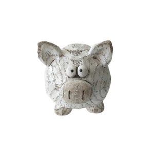 Decorative Polyresin Pig Figurine with Textured Details, White and Brown